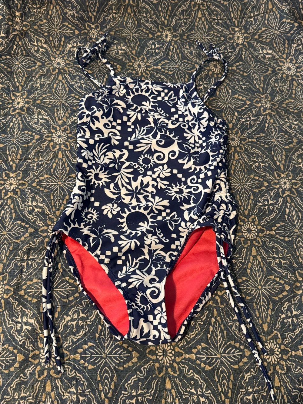 Girls Feather 4 Arrow Navy Floral One-Piece Swimsuit - size 8